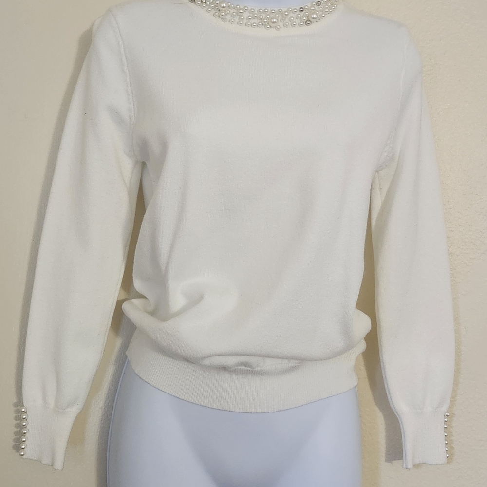Source Unknown White Pearl-Embellished Sweater - image 1